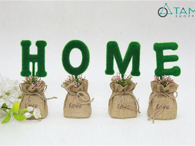 Bộ chậu cây chữ HOME rêu xanh vải bố số 83